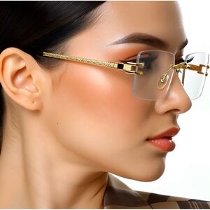 Frameless Rectangle Gold Frame Clear Lens Fashion Women Girls Hip Hop Eyeglasses